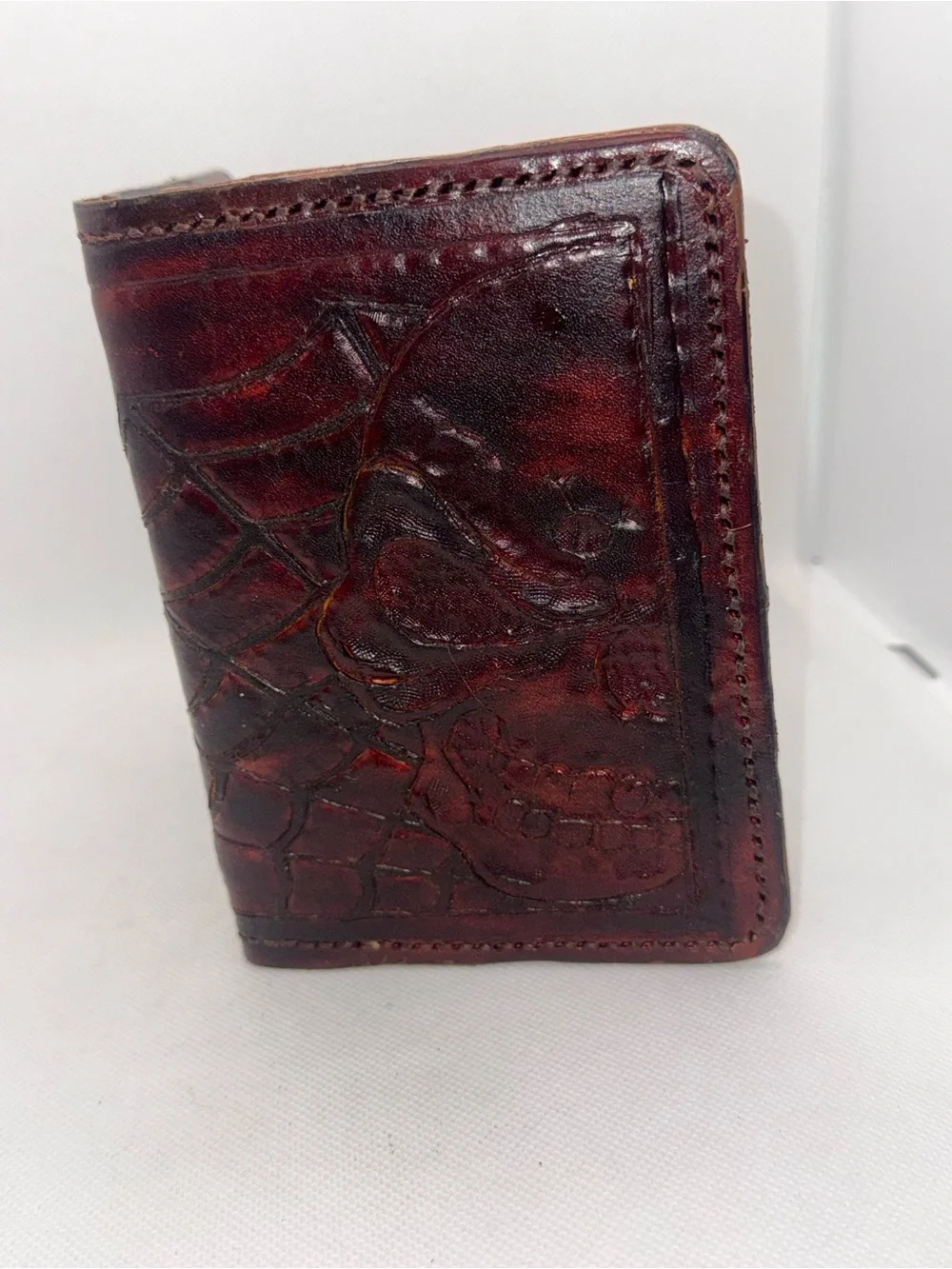 Handmade Hand-Tooled Leather Passport Wallet – Skull & Spiderweb Gothic Design